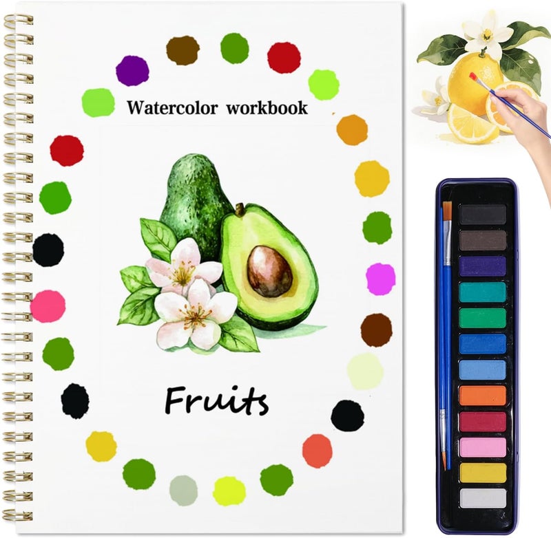 DPWCVM Beginner Watercolor Painting Kit Watercolor Workbook Coloring Book 12 Colors Paint Set with Brush, Easily Master Beginner Friendly Watercolor Paint Set Gift for Adults Teens. (Fruit) - Image 1